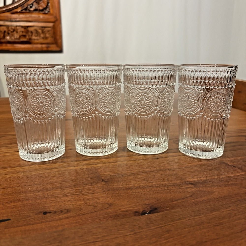 4 Pioneer Woman Adeline 5" High Glass Tumblers Clear 8oz Drinking Glasses Set